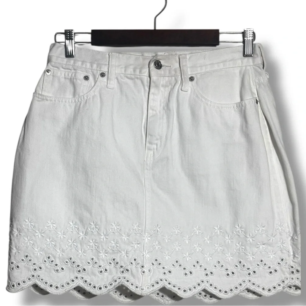 J. Crew White Denim Eyelet Hemline Detail Classic Preppy Feminine Mini Skirt - Picture 13 of 16